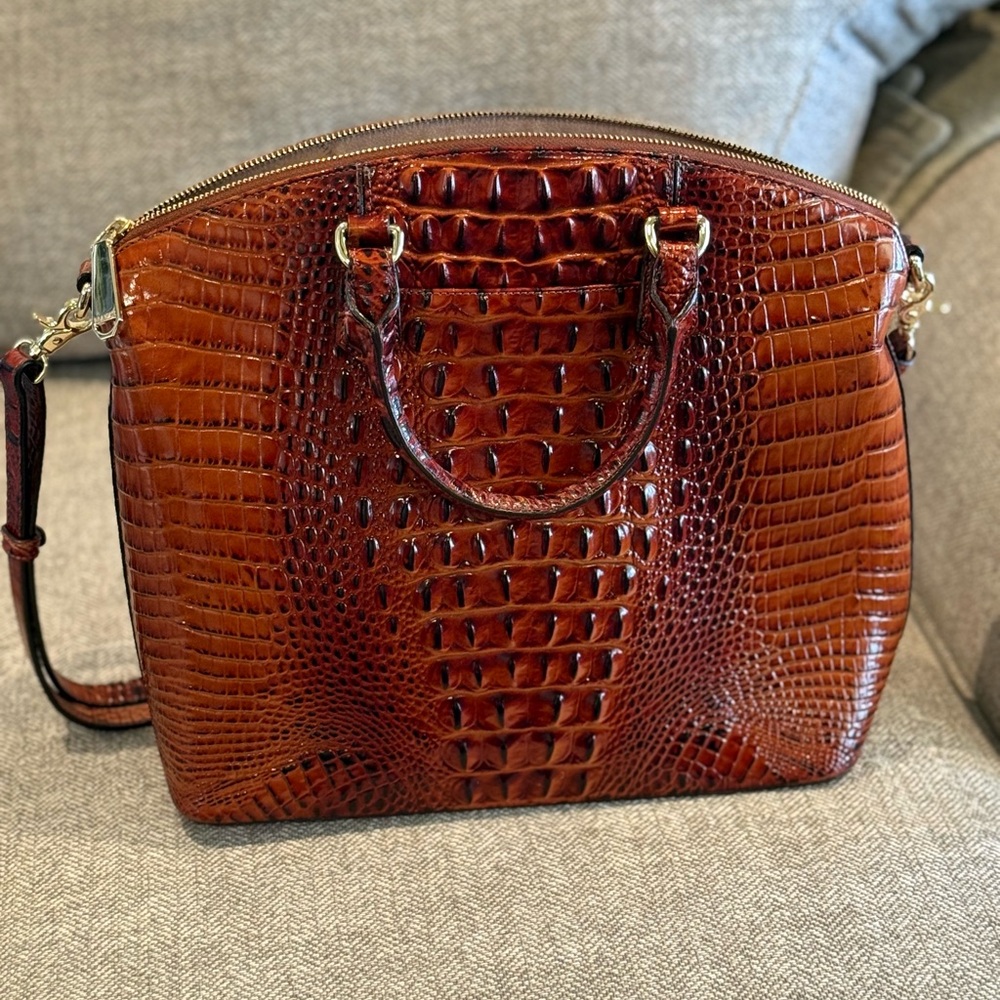 Brahmin Cognac Croc-Embossed Satchel with Gold Hardware